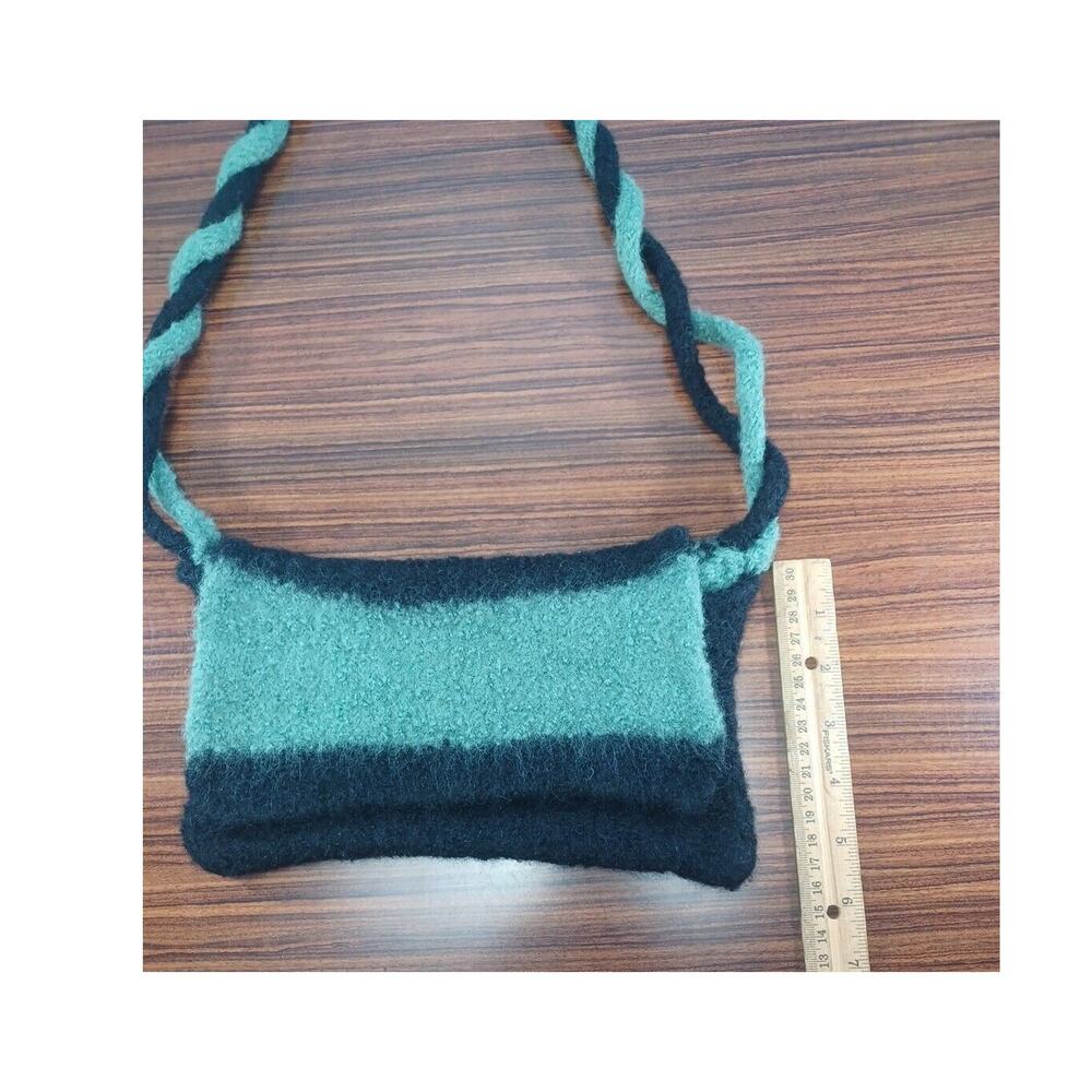 Handmade Knitted Striped Purse Green & Black Twist Handle Unique - Picture 3 of 6